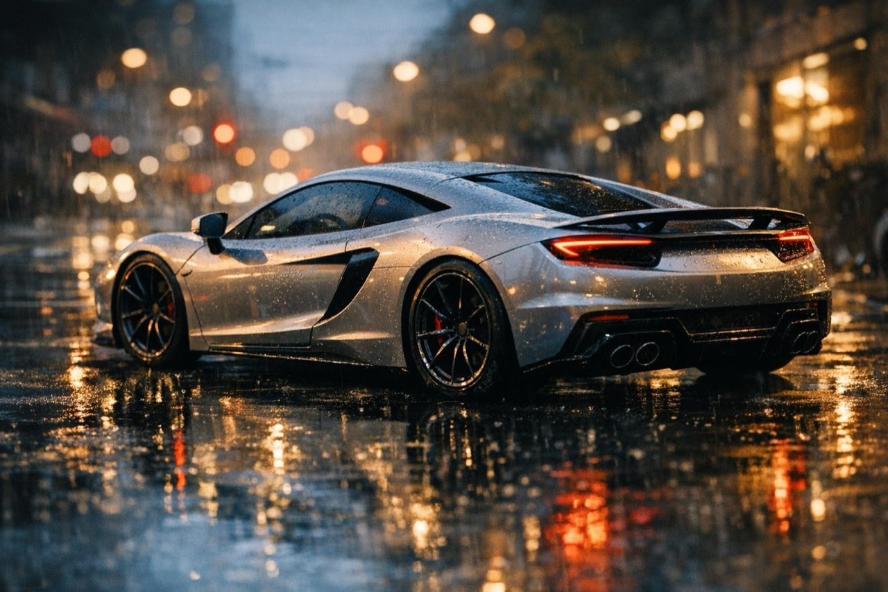 A still sports car brought to life on a rainy street, AI animation result