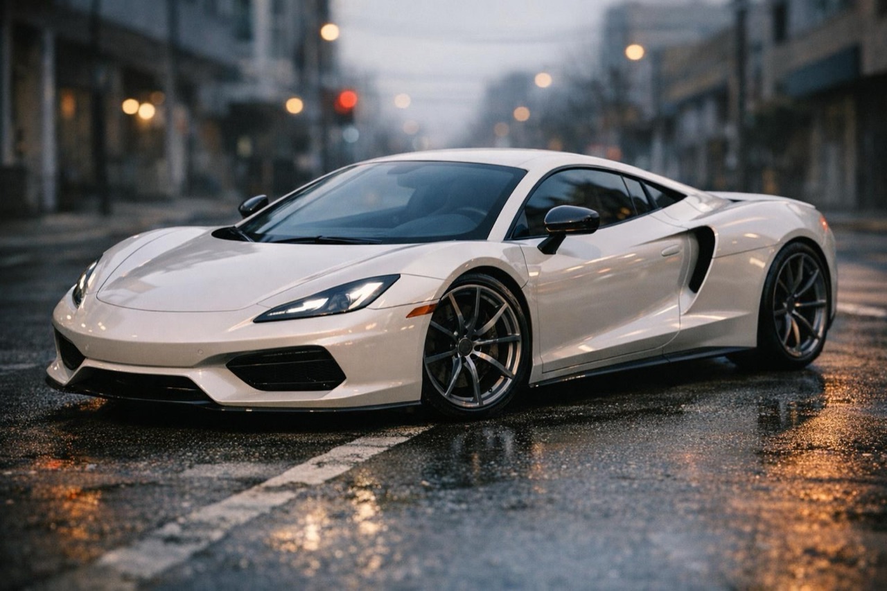 Un'auto in finitura bianco perla su una strada cittadina, anteprima del colore della vernice AI