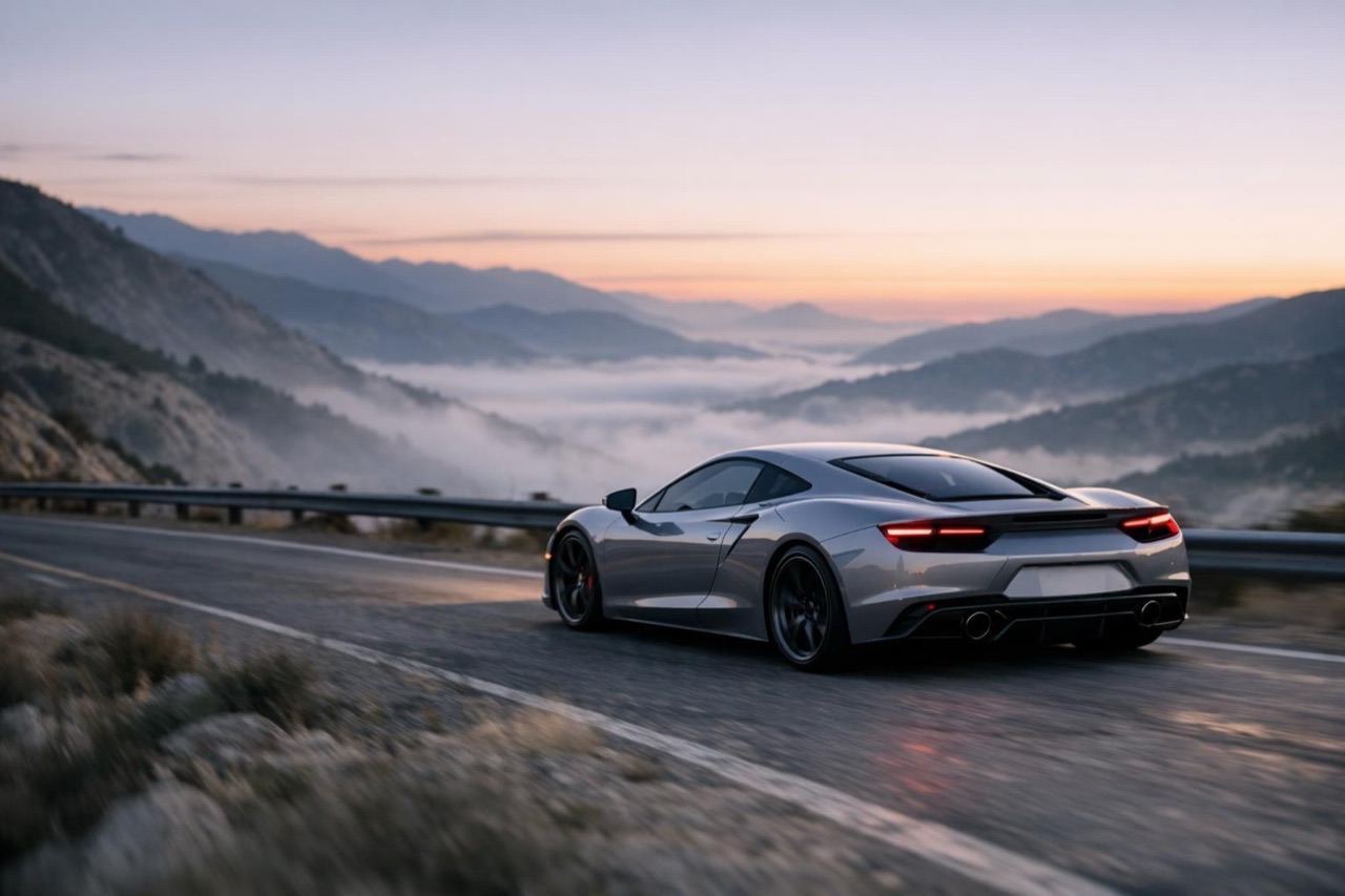 A car commercial frame of a sports car on a mountain road at dawn