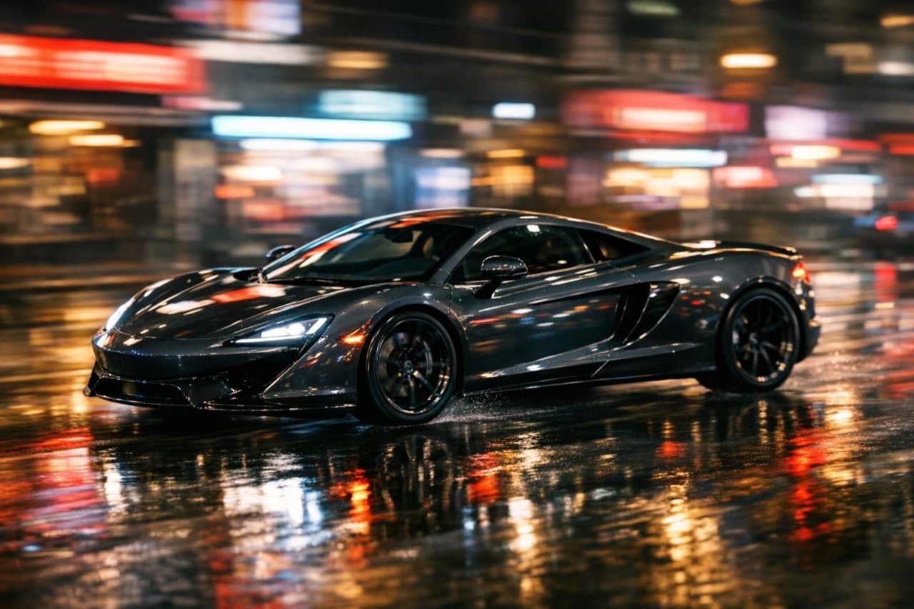 A dark sports car rolling through a neon-lit city street, cinematic automotive render