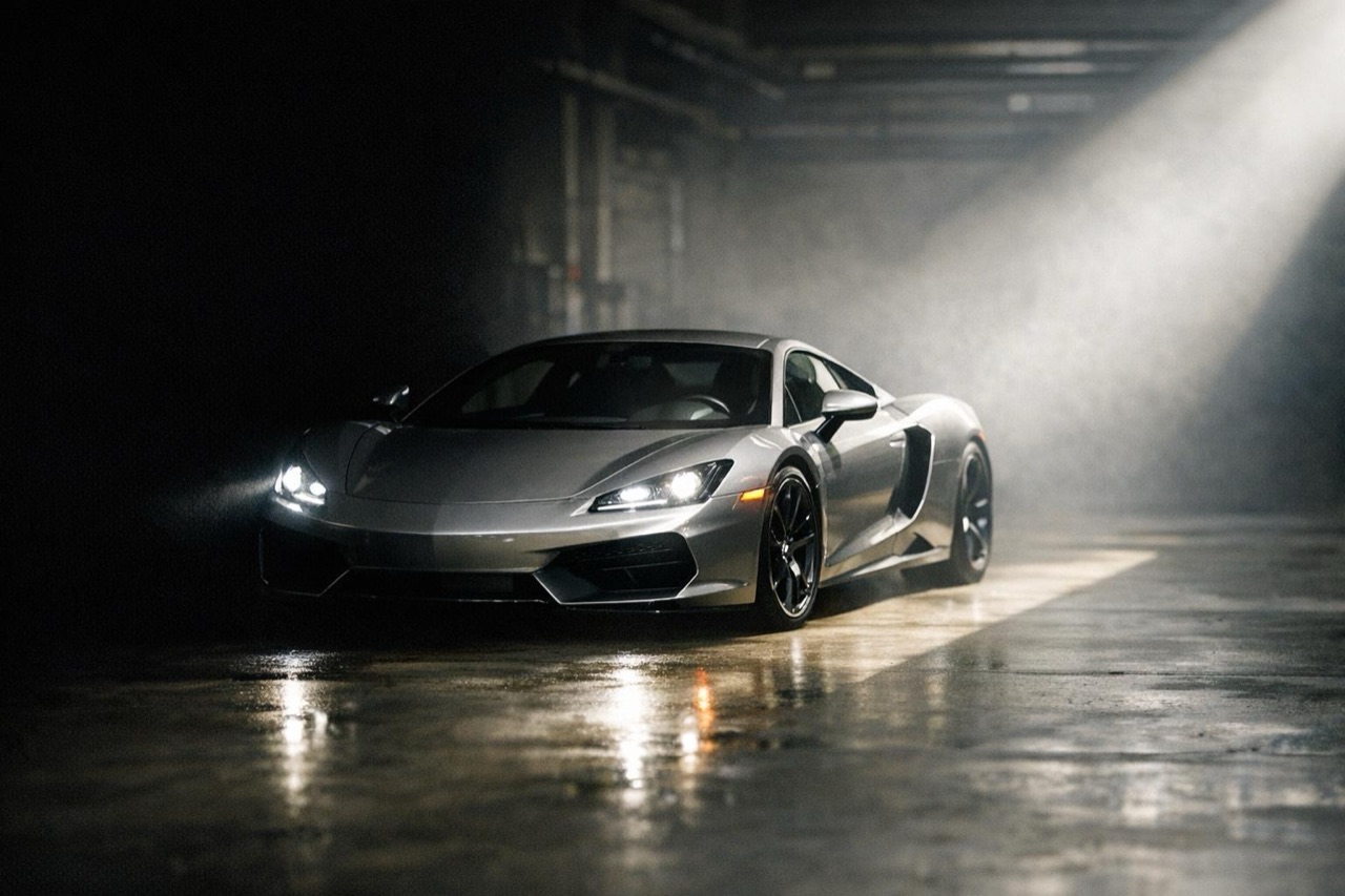 A sports car emerging from shadow with headlights on, cinematic reveal frame