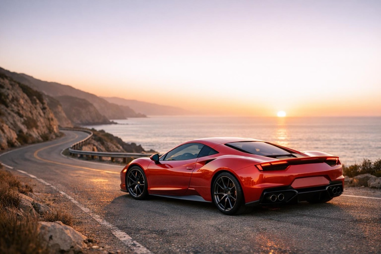 A sports car on a coastal road at sunset, cinematic showcase video frame