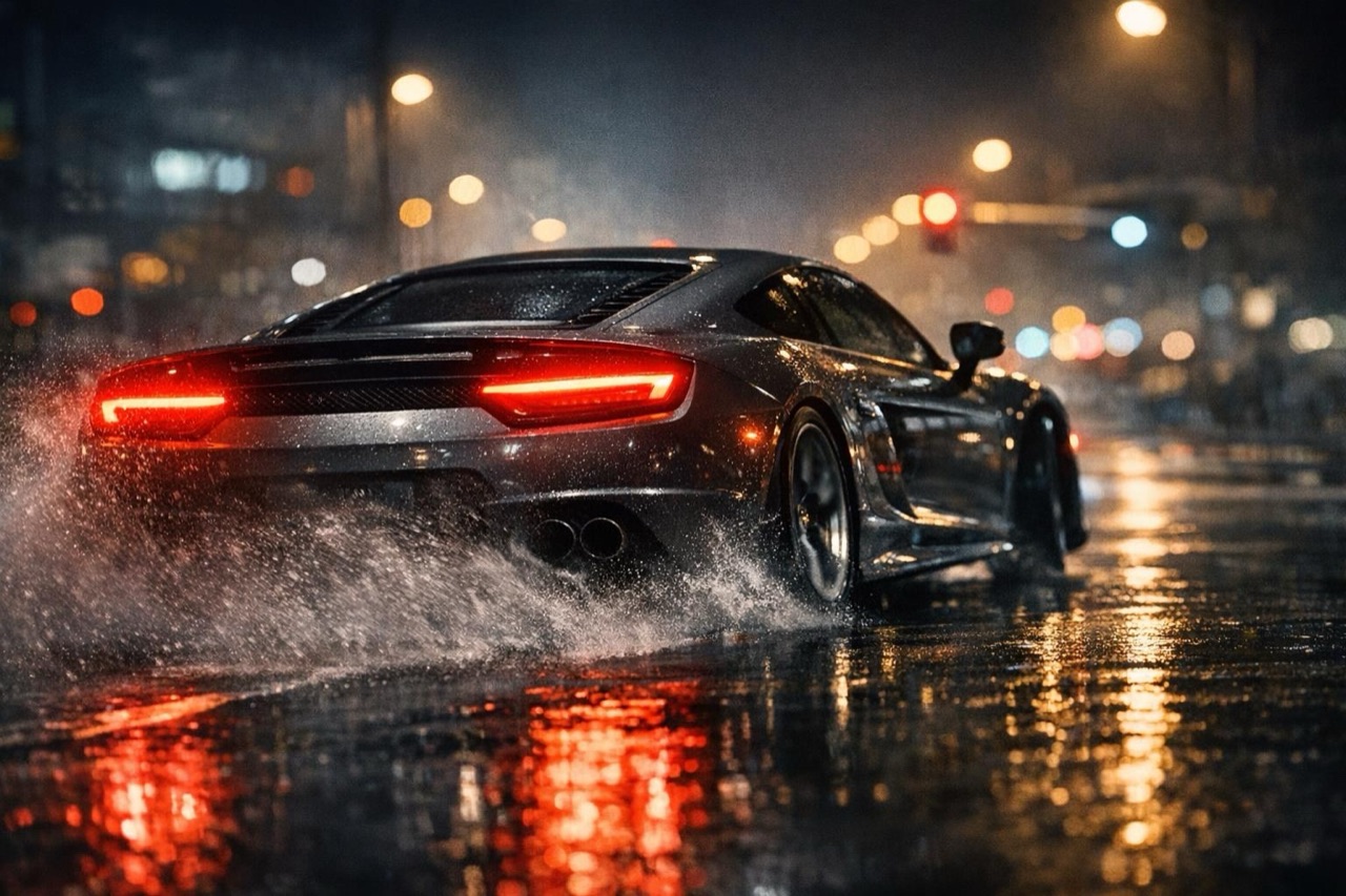 A vertical car video frame of a car drifting on a wet street at night