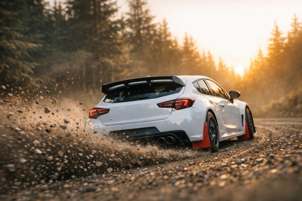 A rally car throwing gravel on a forest stage, generated from a text prompt